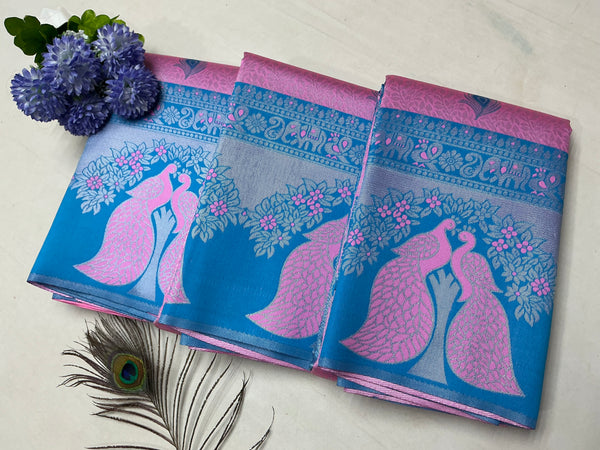 Silver Bridal Saree with Pink and Blue Ombre and White Peacock Motif