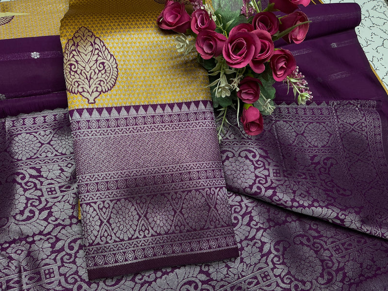 Silver Bridal Saree with Purple Brocade Pallu and Maroon Floral Design