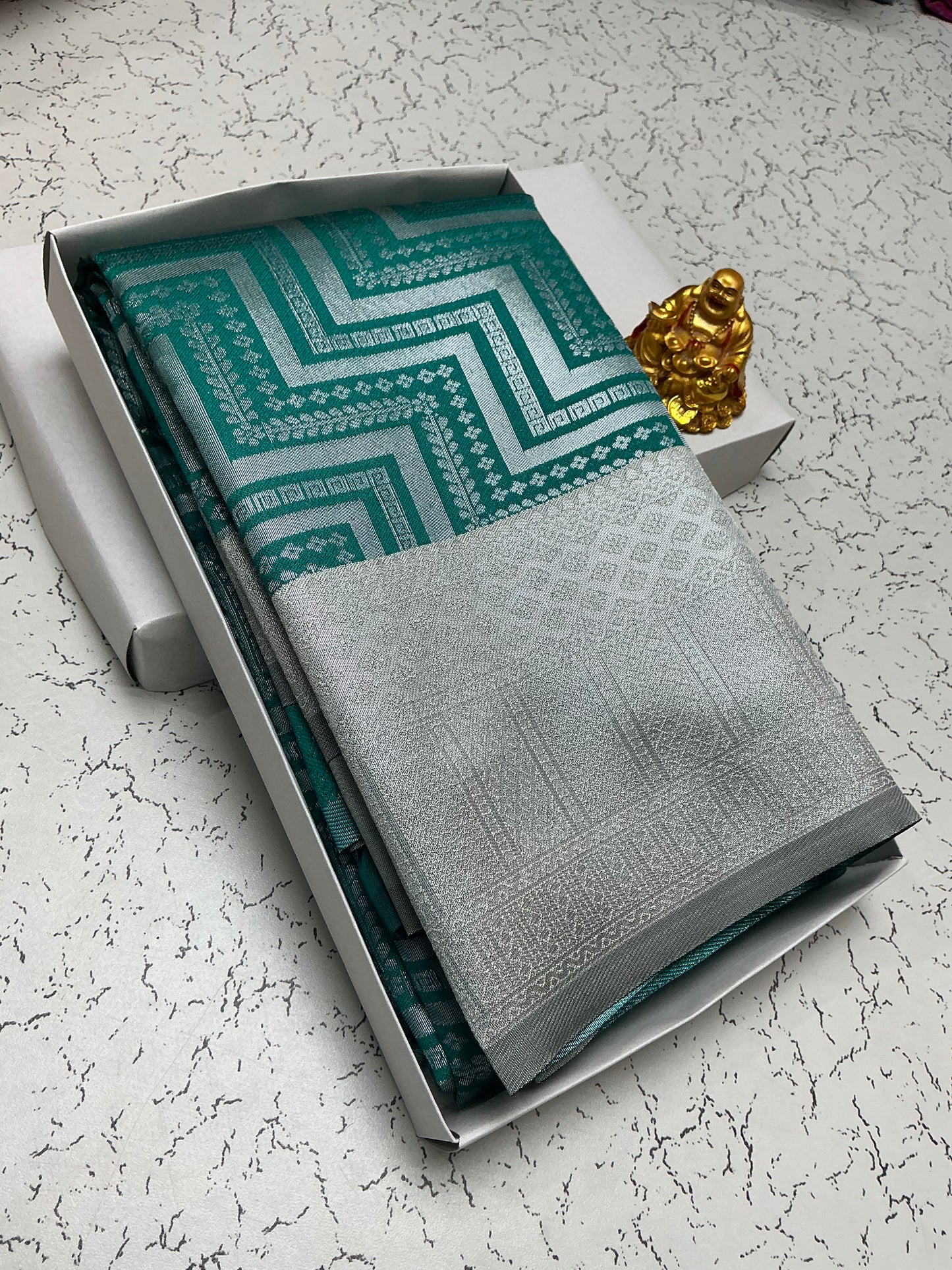 Silver Bridal Saree with Teal Green Zigzag Pallu