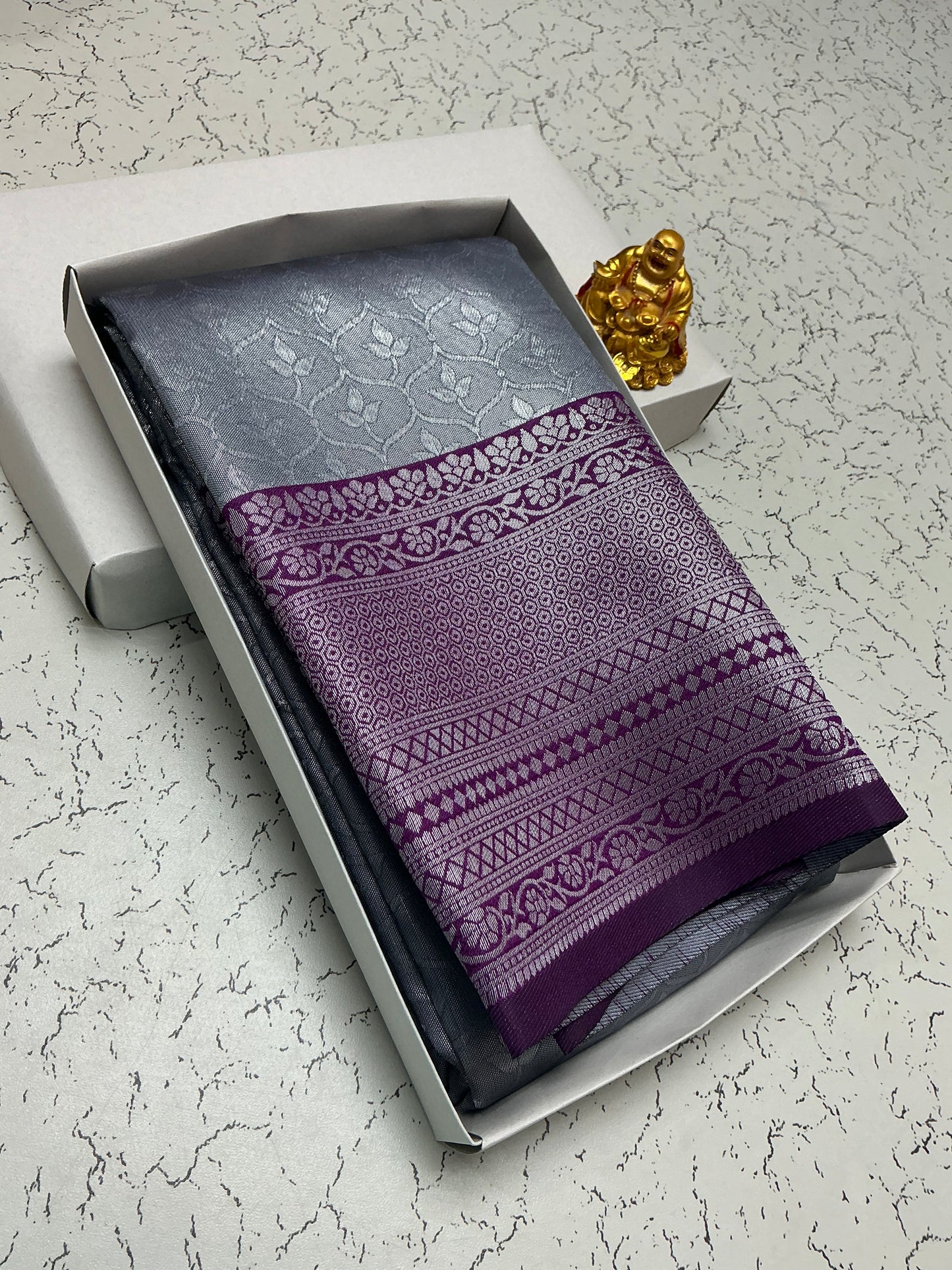 Silver Bridal Saree with Violet Floral Border