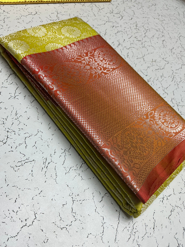 Silver Bridal Soft Silk Saree - Antique Yellow Gold with Red Copper Border