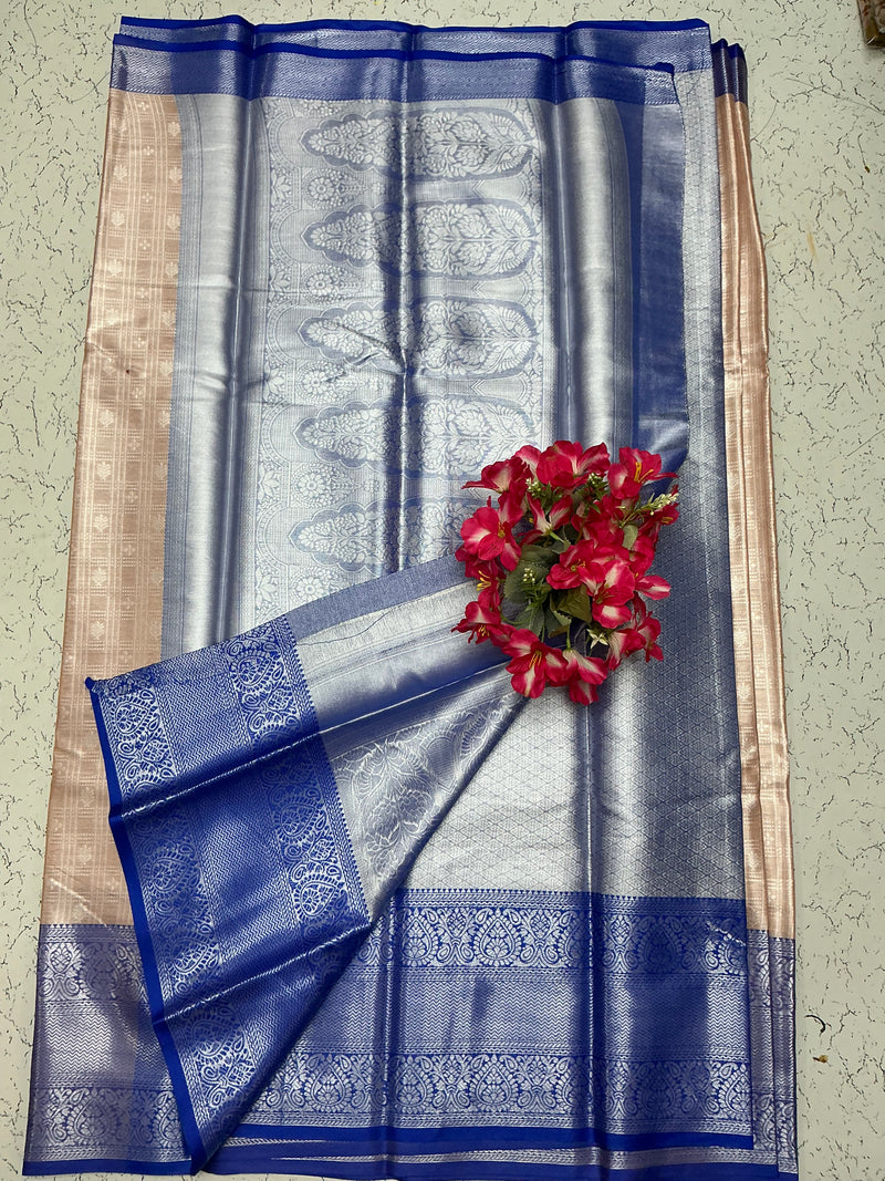 Silver Bridal Soft Silk Saree - Beige Border with Silver Body