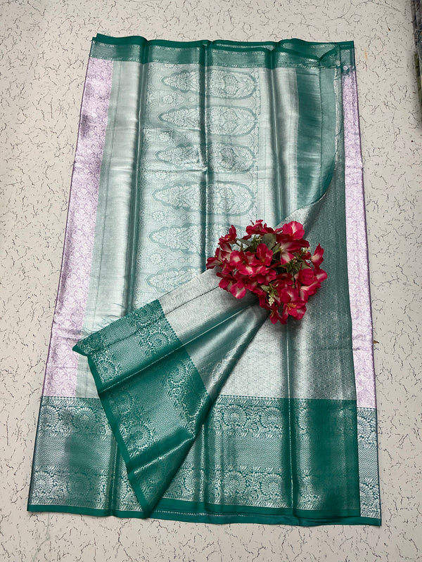 Silver Bridal Soft Silk Saree - Emerald Green Border & Lilac Blouse