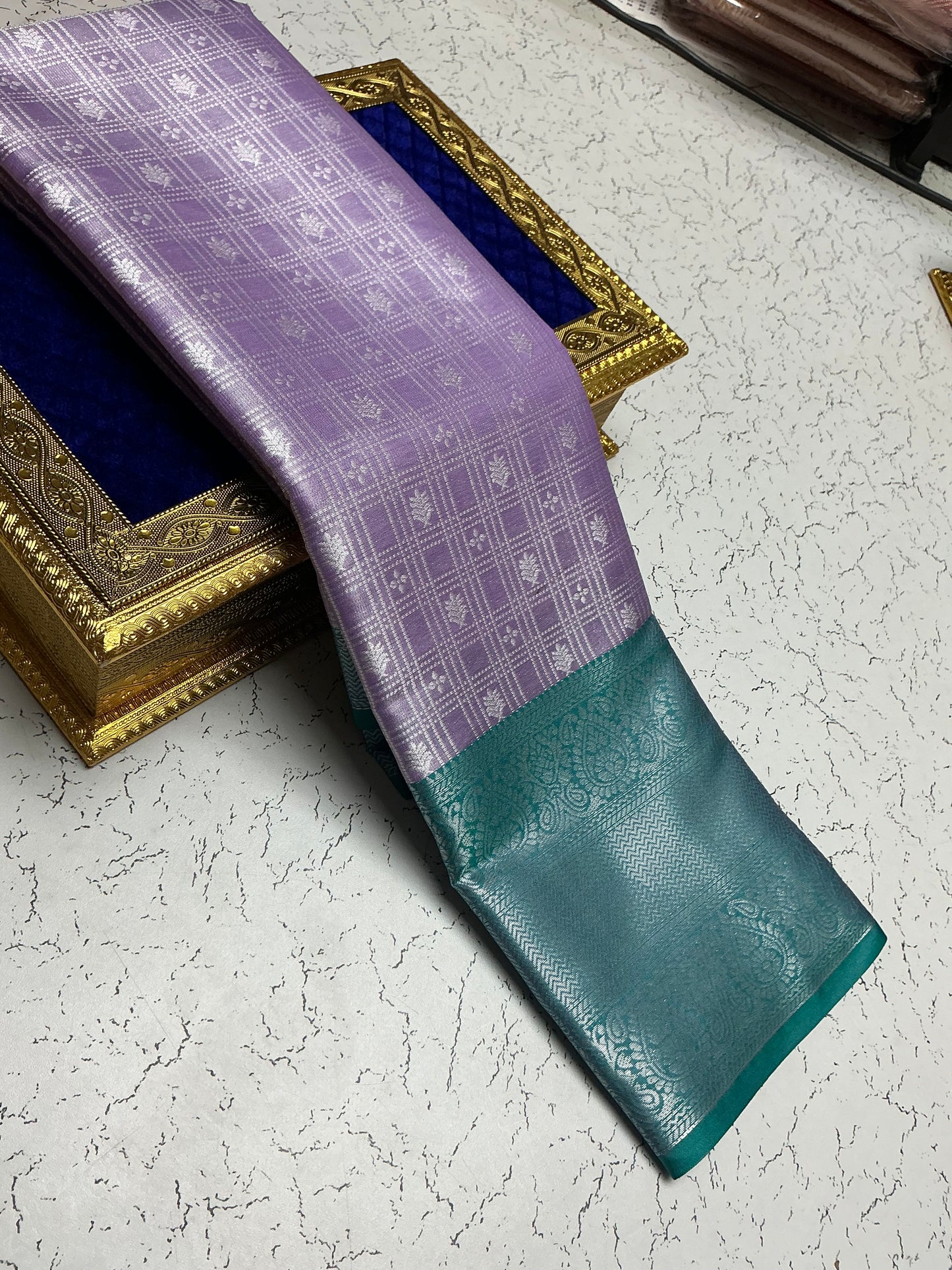 Silver Bridal Soft Silk Saree - Lavender Checks with Teal Border
