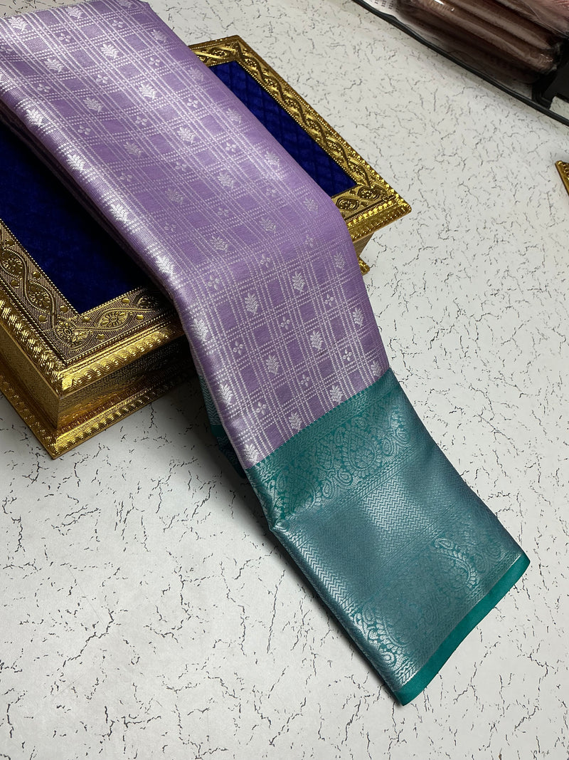 Silver Bridal Soft Silk Saree - Lavender Checks with Teal Border