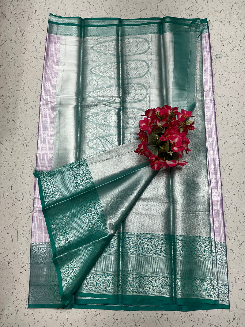 Silver Bridal Soft Silk Saree - Mint Green Border & Checked Violet Blouse