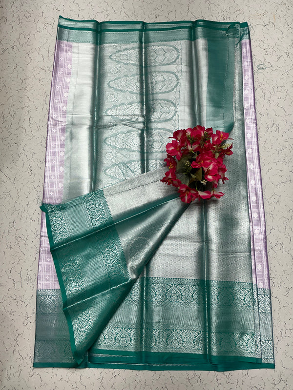 Silver Bridal Soft Silk Saree - Mint Green Border & Checked Violet Blouse