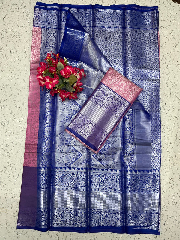 Silver Bridal Soft Silk Saree - Navy Blue with Pink Pallu & Butta Design