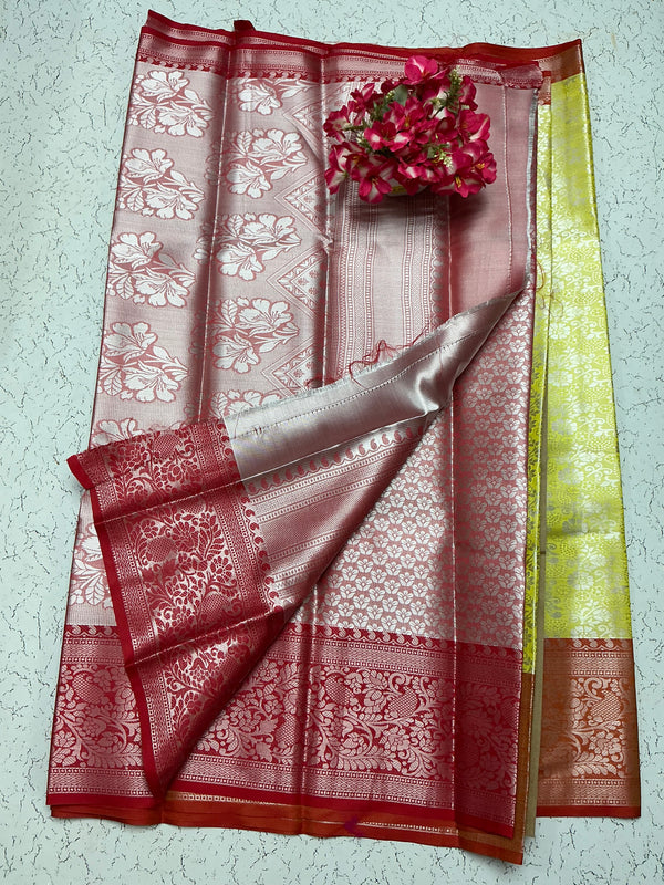 Silver Bridal Soft Silk Saree - Peacock Gold Zari with Reddish Copper Border
