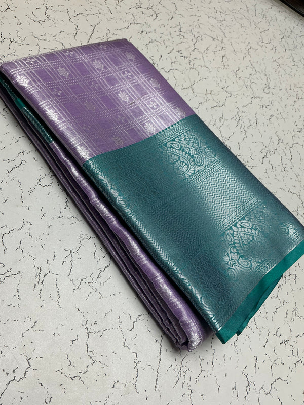 Silver Bridal Soft Silk Saree - Purple Checks with Peacock Green Border