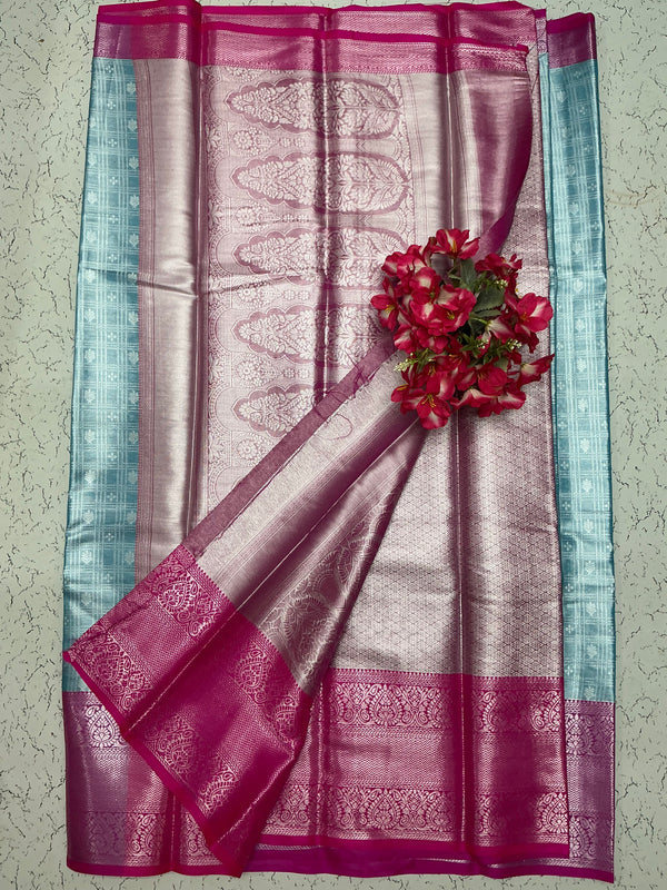 Silver Bridal Soft Silk Saree - Rani Pink Border with Sky Blue Pallu
