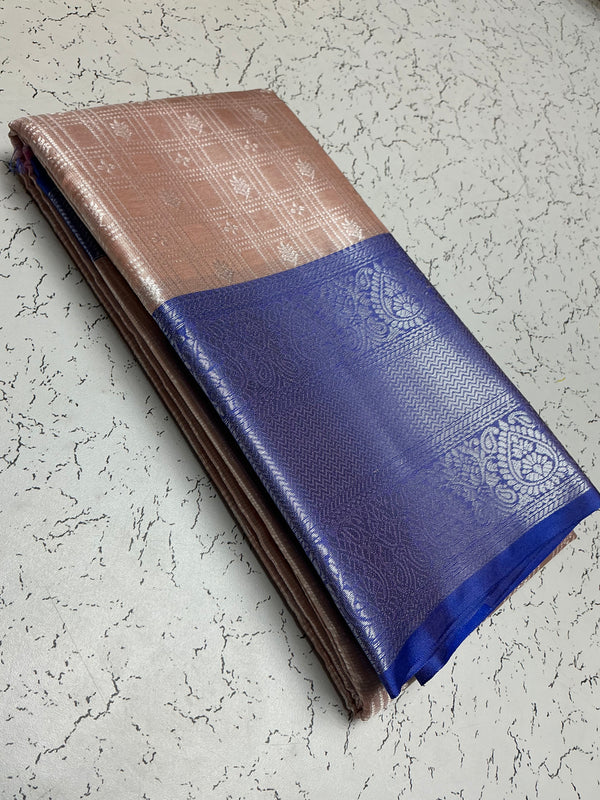 Silver Bridal Soft Silk Saree - Rose Checks with Royal Blue Border