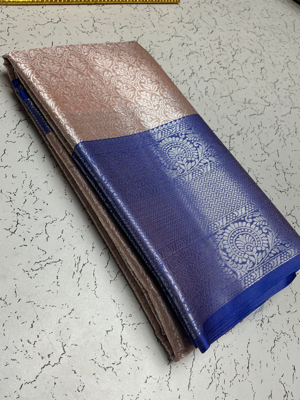 Silver Bridal Soft Silk Saree - Rose Floral with Royal Blue Zari Border