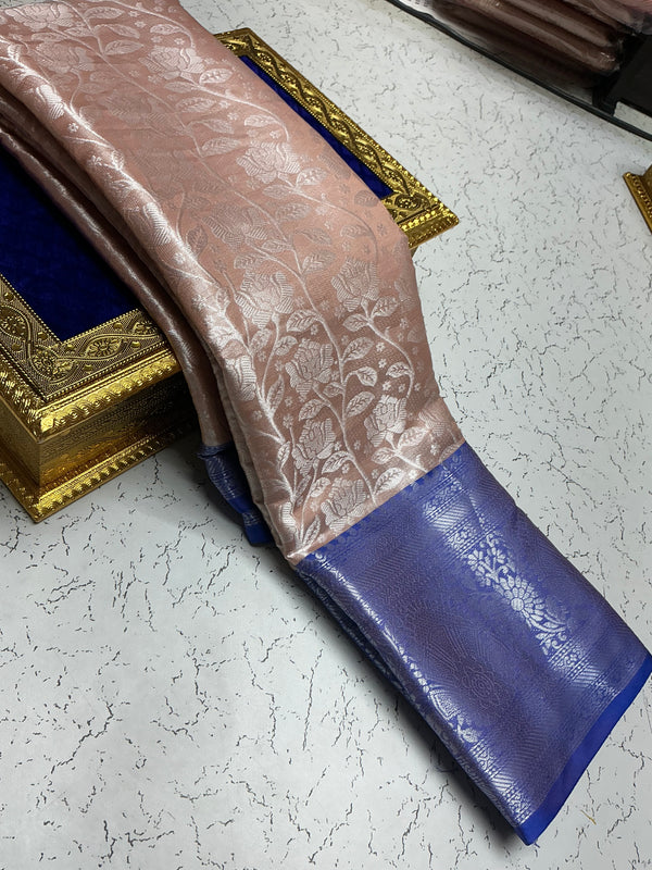 Silver Bridal Soft Silk Saree - Rose Gold with Violet Border & Leaf Zari