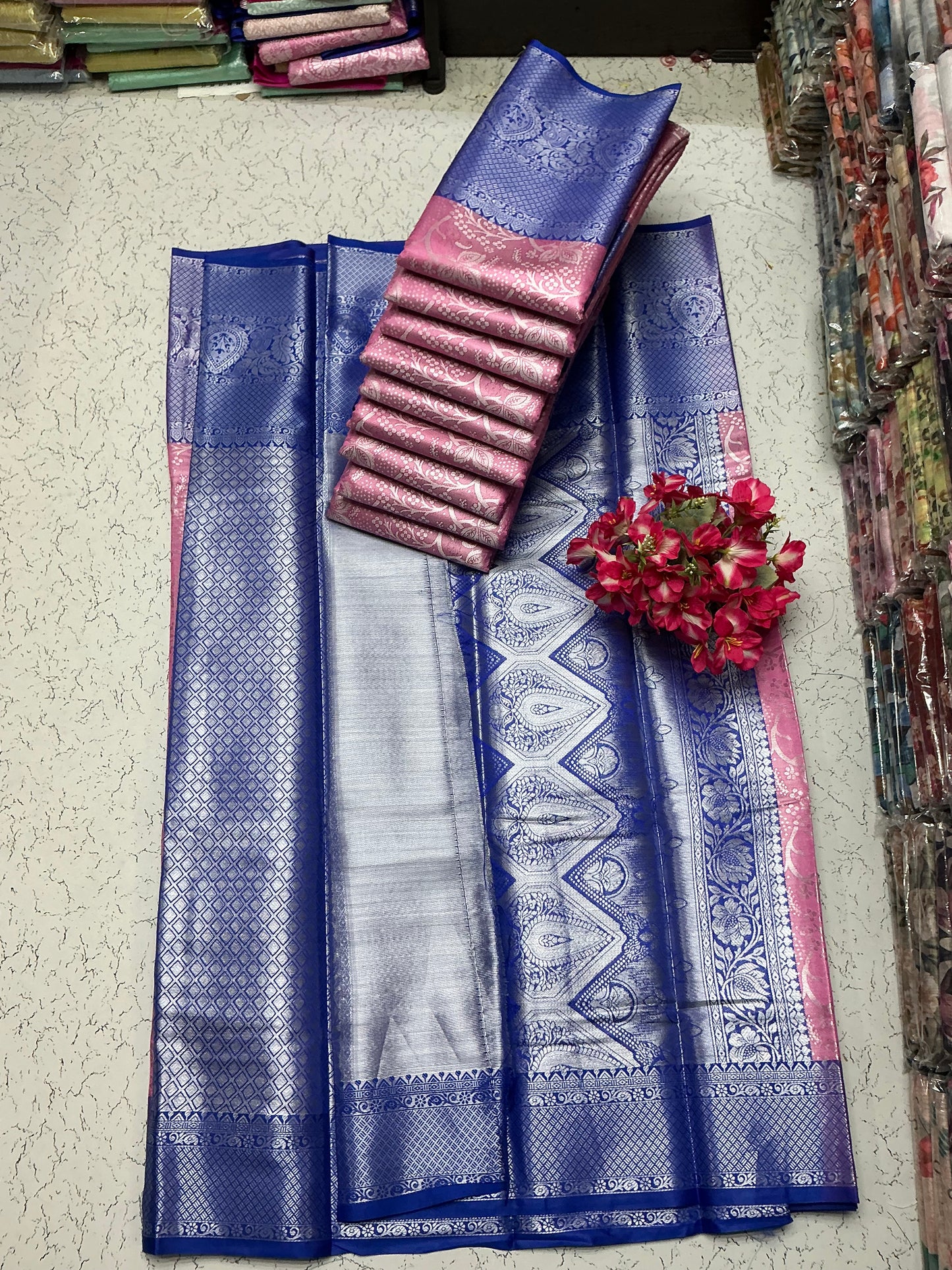 Silver Bridal Soft Silk Saree - Royal Blue Border & Pink Blouse Combo