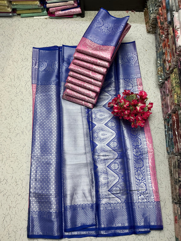 Silver Bridal Soft Silk Saree - Royal Blue Border & Pink Blouse Combo