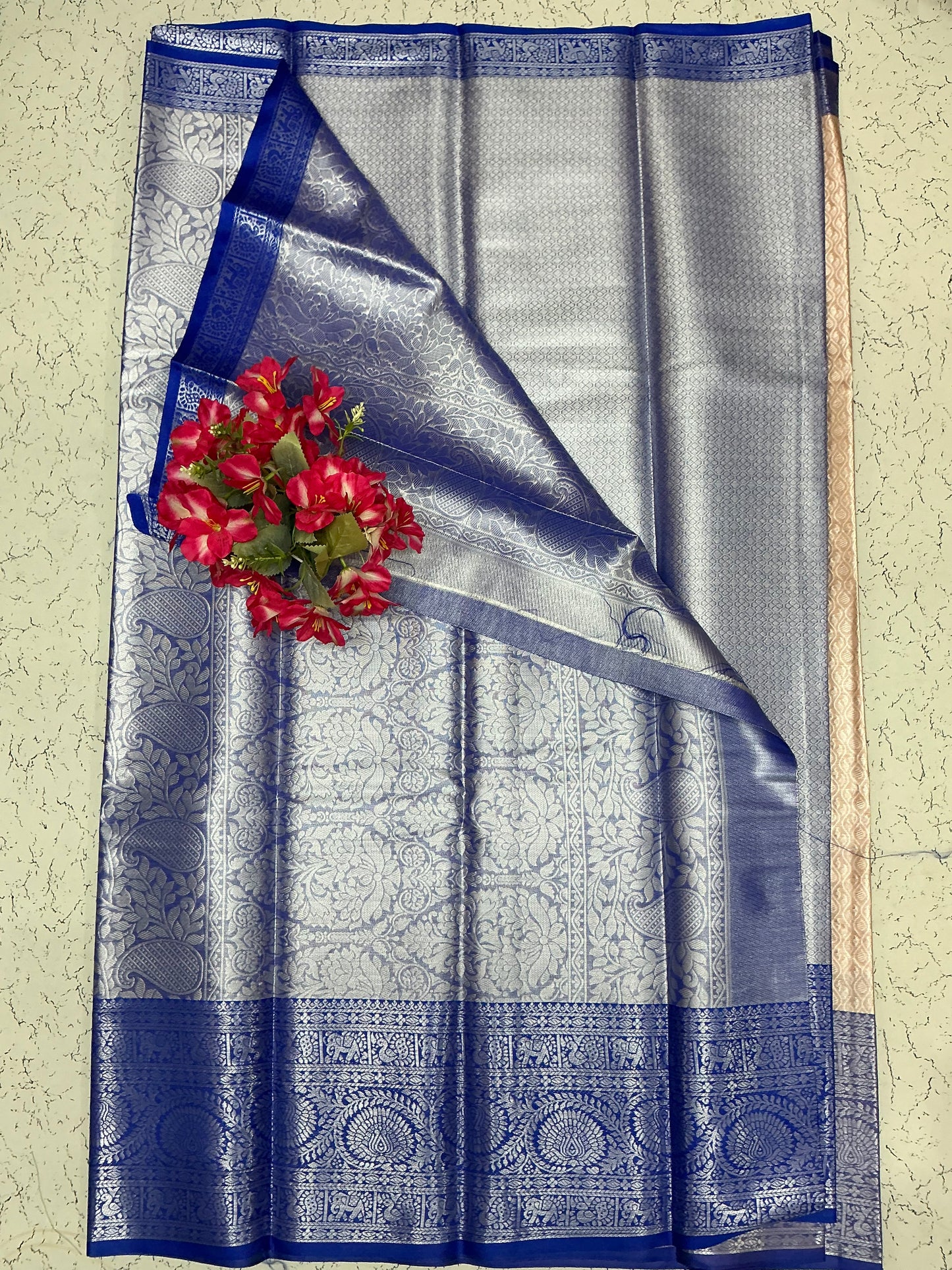 Silver Bridal Soft Silk Saree - Royal Blue Border with Floral Zari