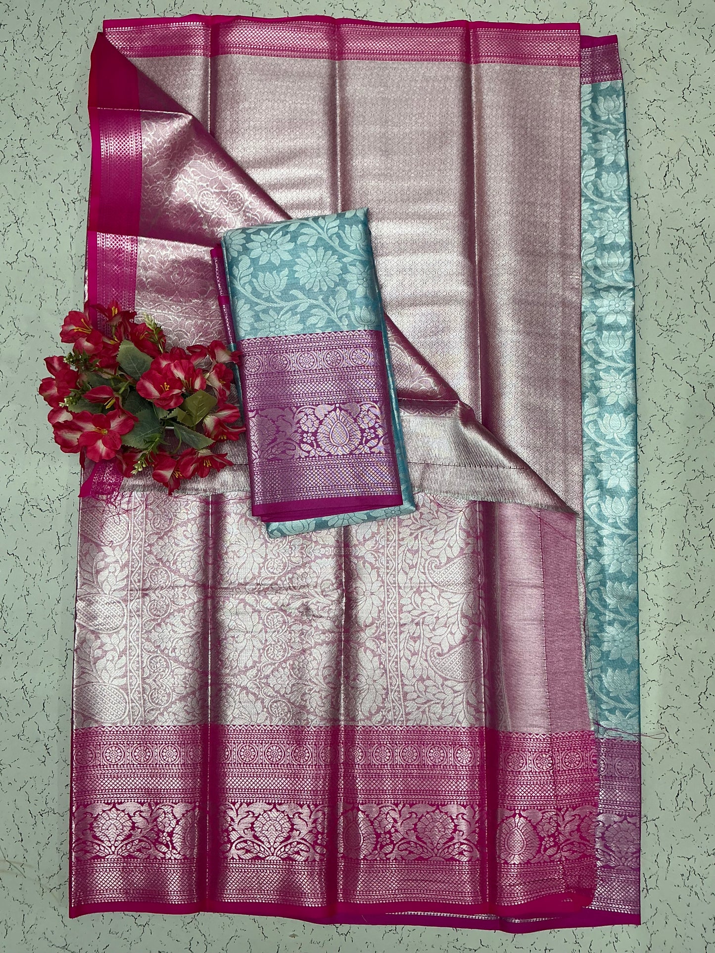 Silver Bridal Soft Silk Saree - Sky Blue Floral Blouse with Rani Border