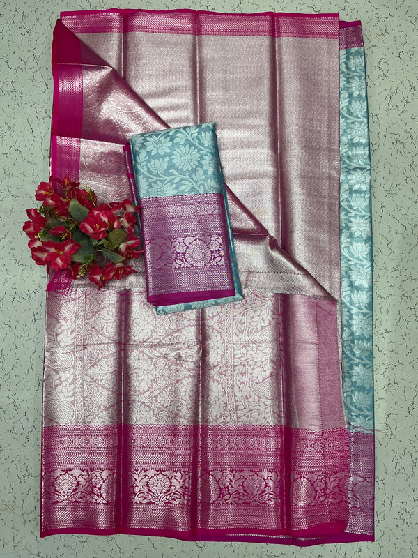 Silver Bridal Soft Silk Saree - Sky Blue Floral Blouse with Rani Border