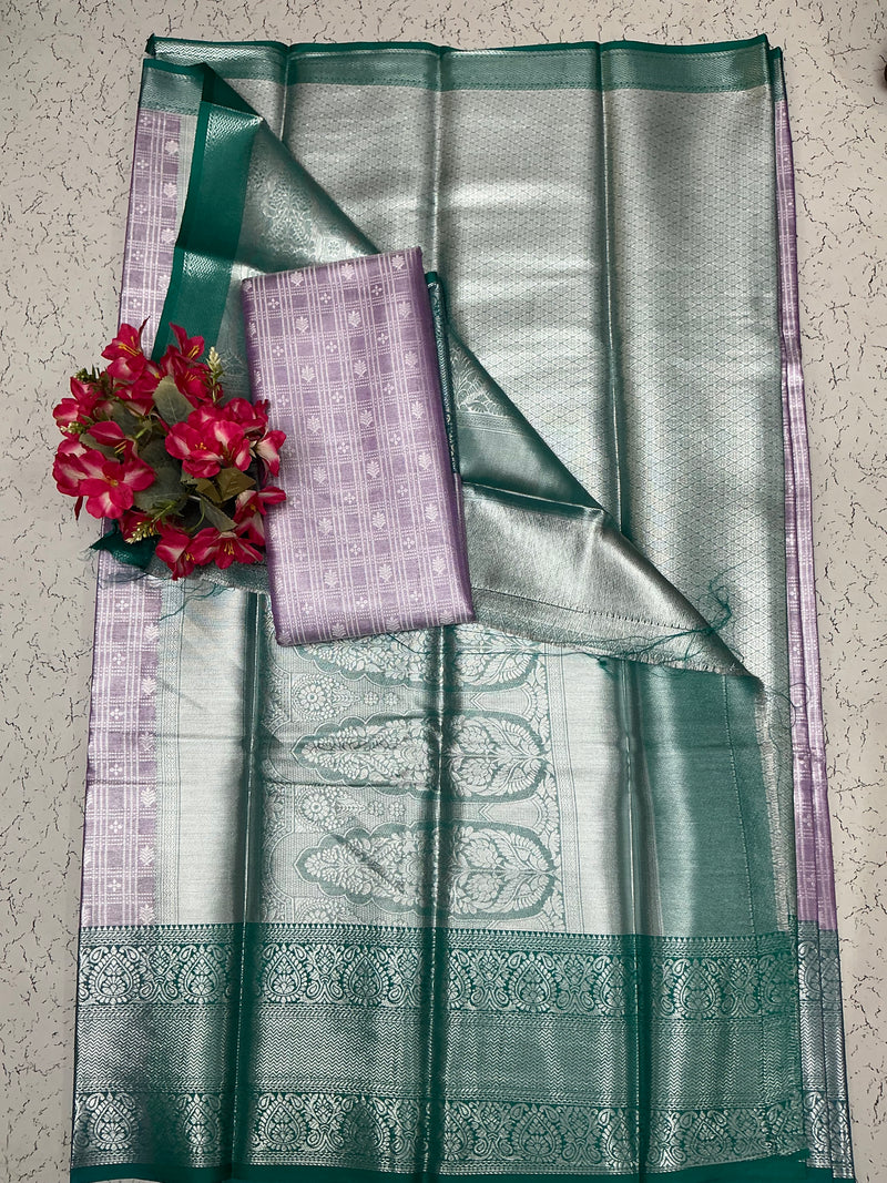 Silver Bridal Soft Silk Saree - Violet Checks Blouse & Green Pallu