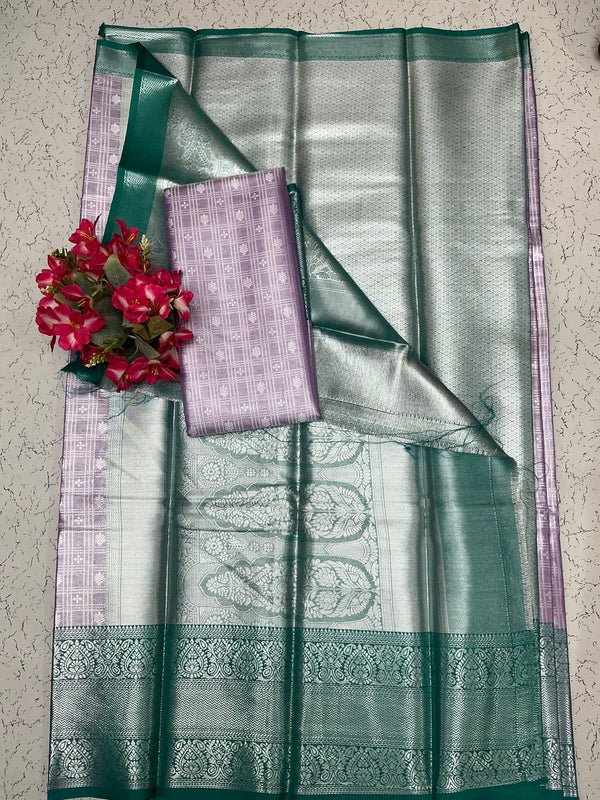 Silver Bridal Soft Silk Saree - Violet Checks Blouse & Green Pallu