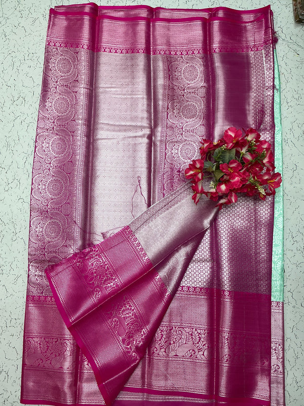 Silver Bridal Soft Silk Saree - Wine Pink Floral Weave with Mint Border