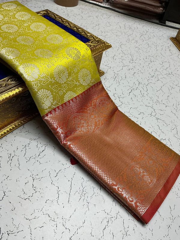 Silver Bridal Soft Silk Saree - Yellow Body with Copper Zari Border