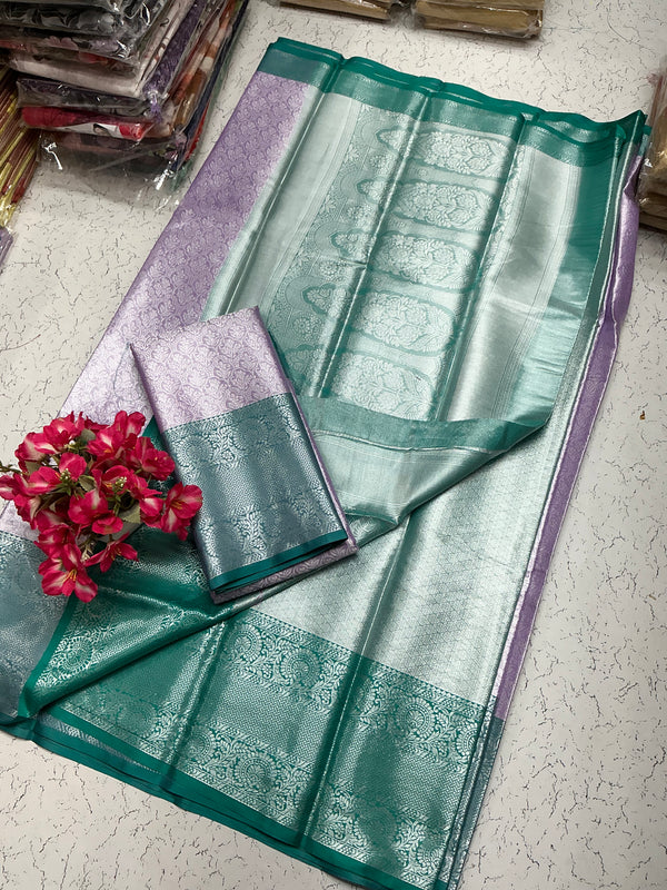 Silver Bridal Soft Silk Saree– Aqua Lavender Combination with Heavy Floral Zari Work