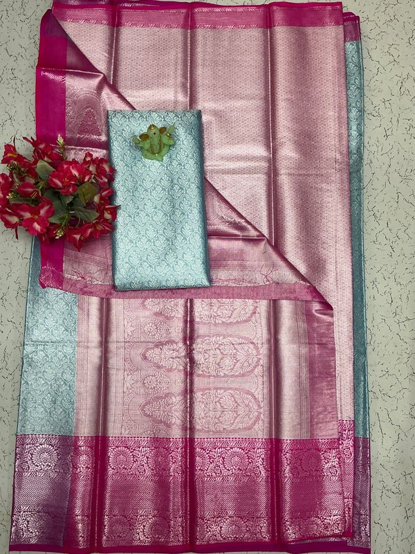 Silver Bridal Soft Silk Saree – Baby Pink Body with Sky Blue Pallu