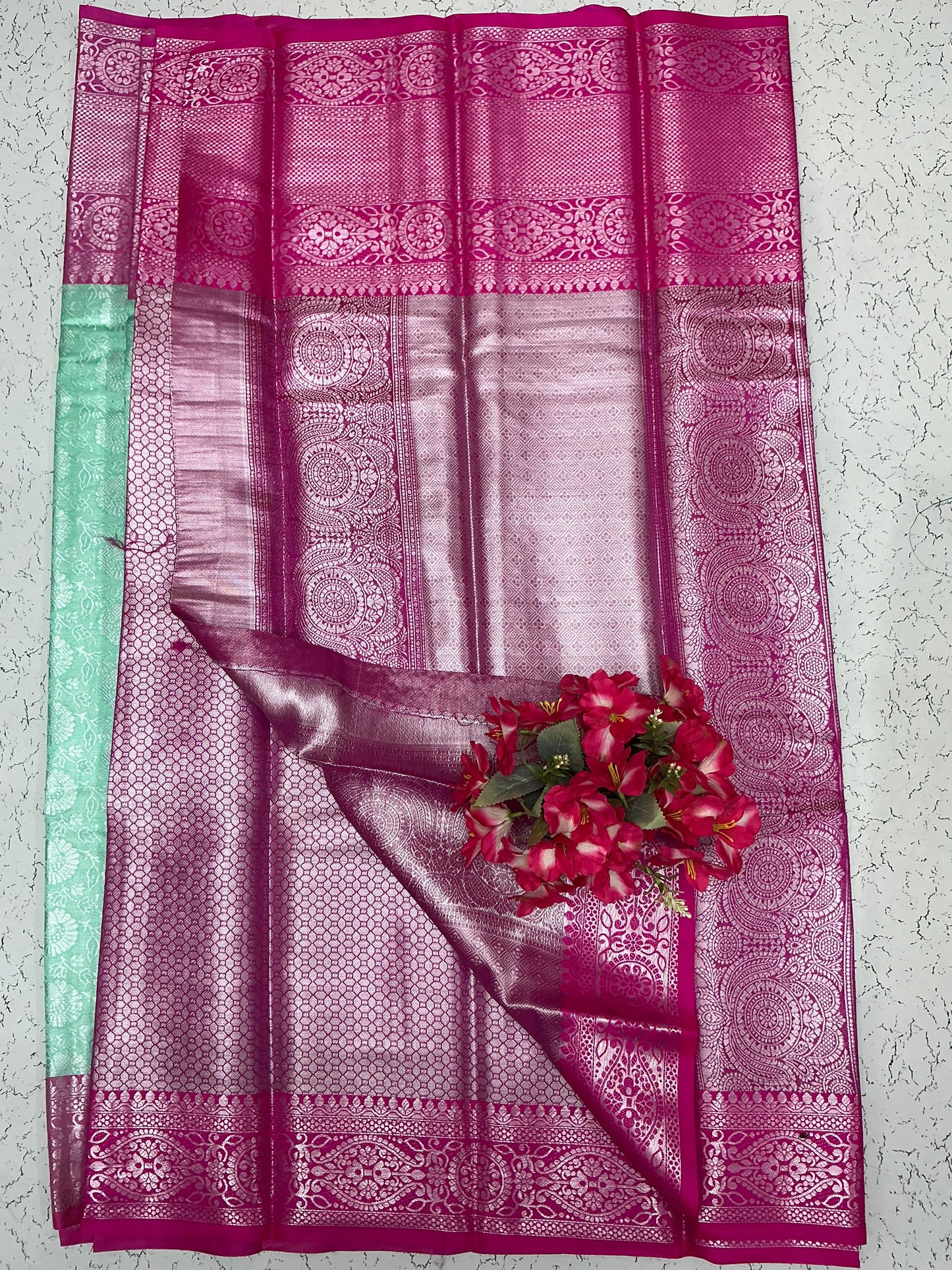 Silver Bridal Soft Silk Saree– Dual Gold Body with Brick Red Border & Paisley Butta Work
