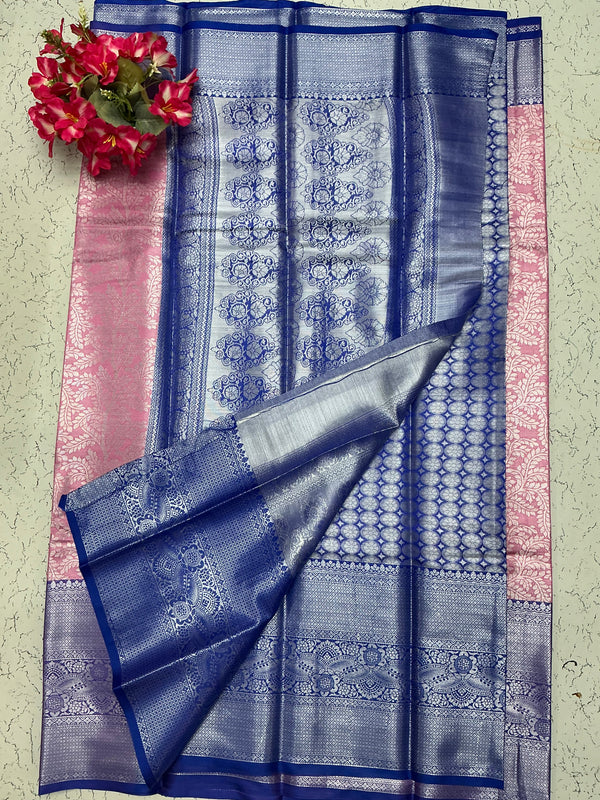 Silver Bridal Soft Silk Saree– Dual Tone Blue with Pink Border and Rich Weave