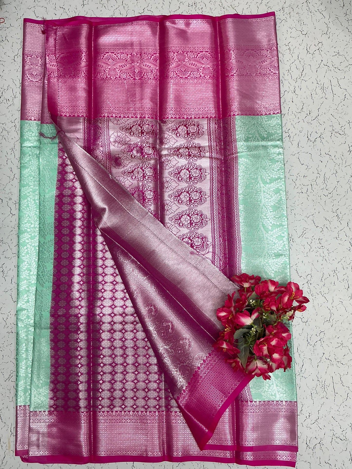 Silver Bridal Soft Silk Saree– Dusty Rose Body with Silver Border & Myna Motif Zari