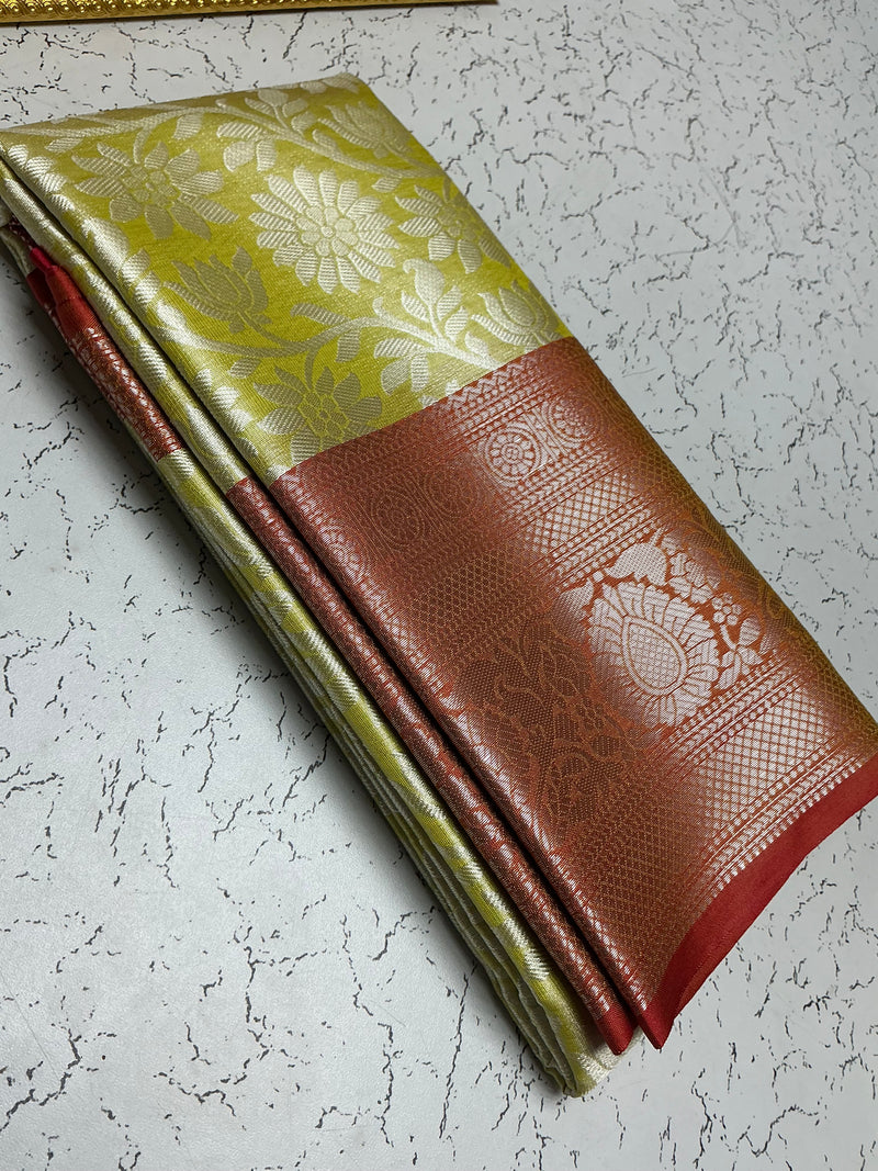 Silver Bridal Soft Silk Saree – Gold Olive Body with Rust Red Border & Lotus Motif
