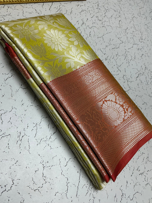 Silver Bridal Soft Silk Saree – Gold Olive Body with Rust Red Border & Lotus Motif