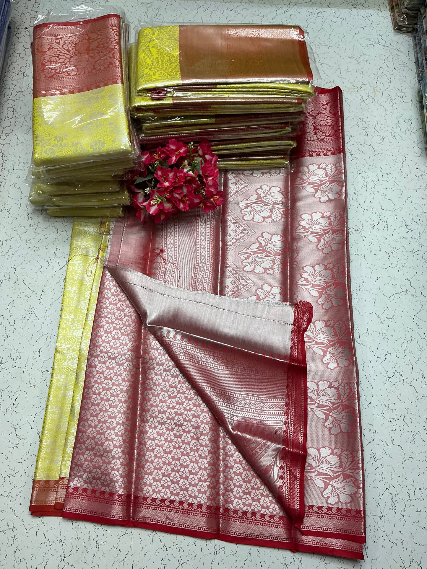 Silver Bridal Soft Silk Saree– Golden Yellow Body with Copper Border & Floral Zari