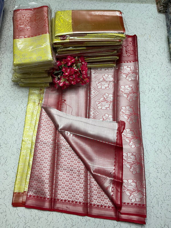 Silver Bridal Soft Silk Saree– Golden Yellow Body with Copper Border & Floral Zari