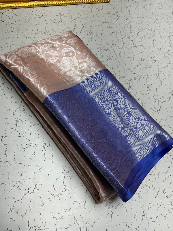 Silver Bridal Soft Silk Saree – Lavender Body with Royal Blue Border