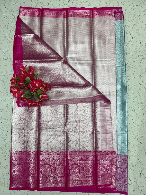 Silver Bridal Soft Silk Saree – Lavender Mint Mix with Magenta Border & Peacock Zari