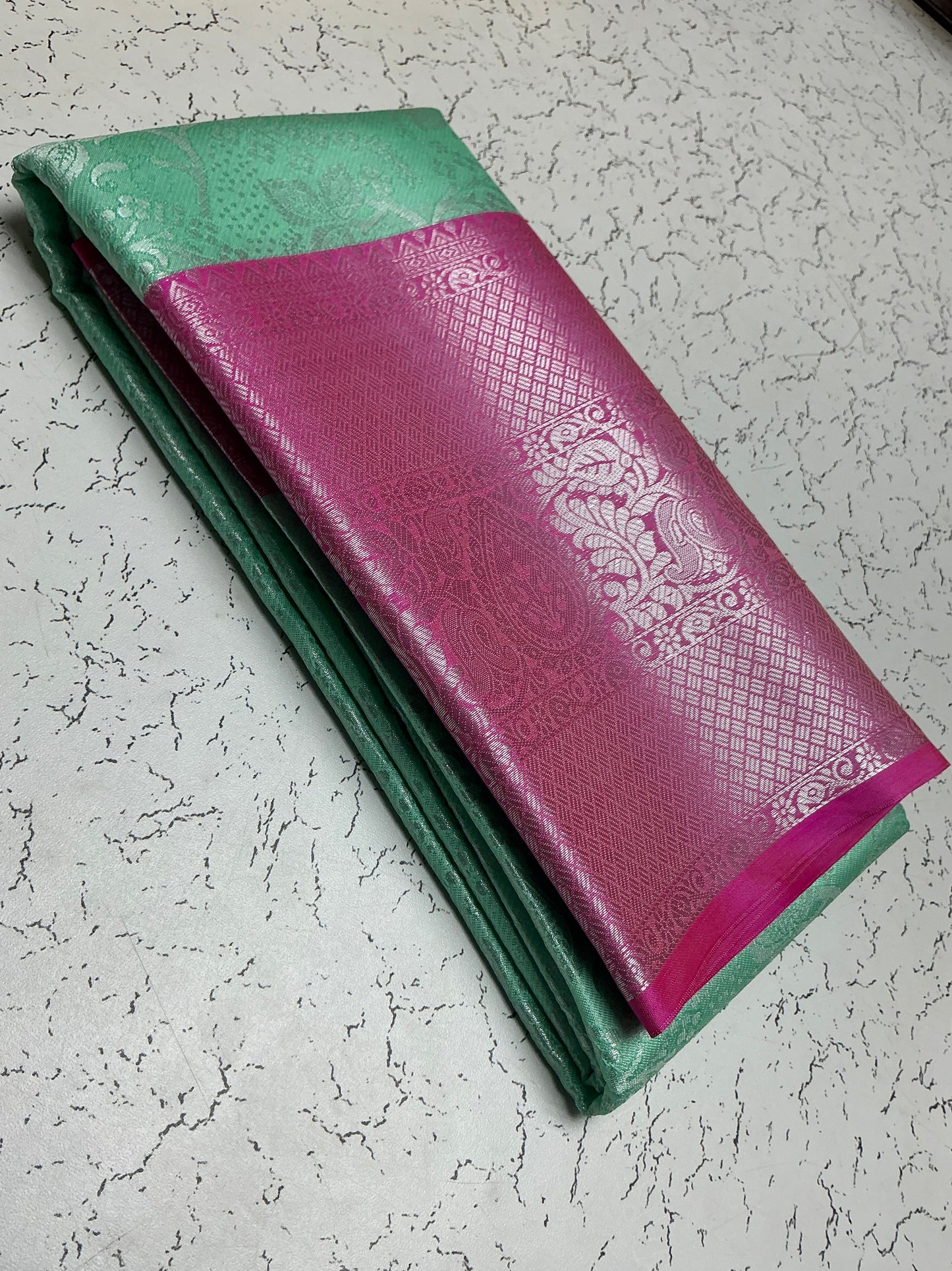 Silver Bridal Soft Silk Saree – Leaf Green Body with Pink Border