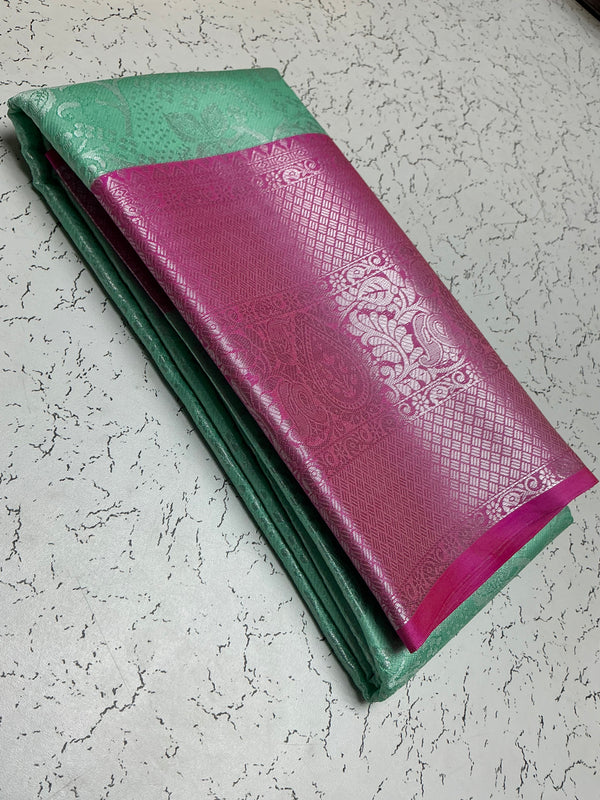 Silver Bridal Soft Silk Saree – Leaf Green Body with Pink Border