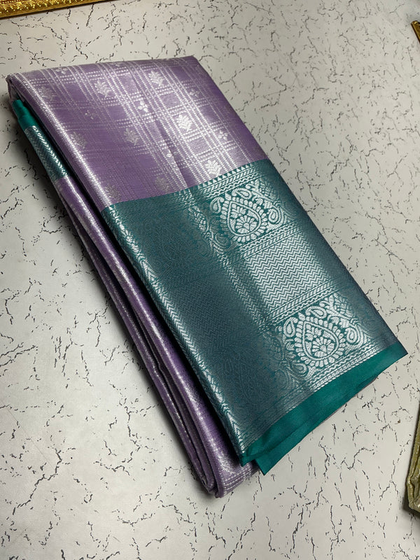 Silver Bridal Soft Silk Saree – Light Violet Checks with Bottle Green Border