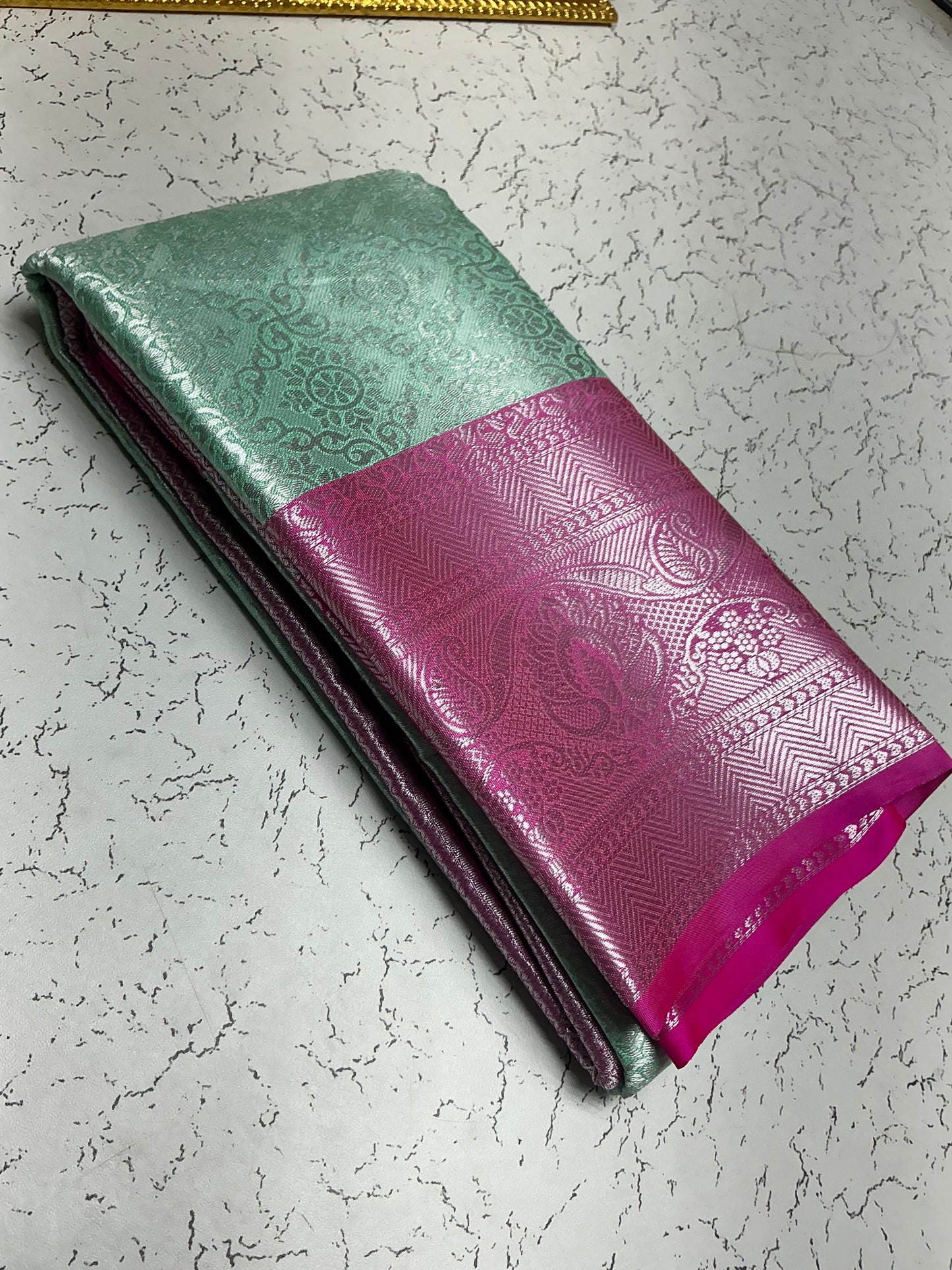 Silver Bridal Soft Silk Saree – Mint Green Body with Rani Pink Border