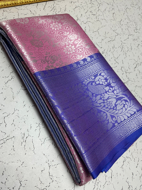 Silver Bridal Soft Silk Saree – Pink Floral with Violet Border