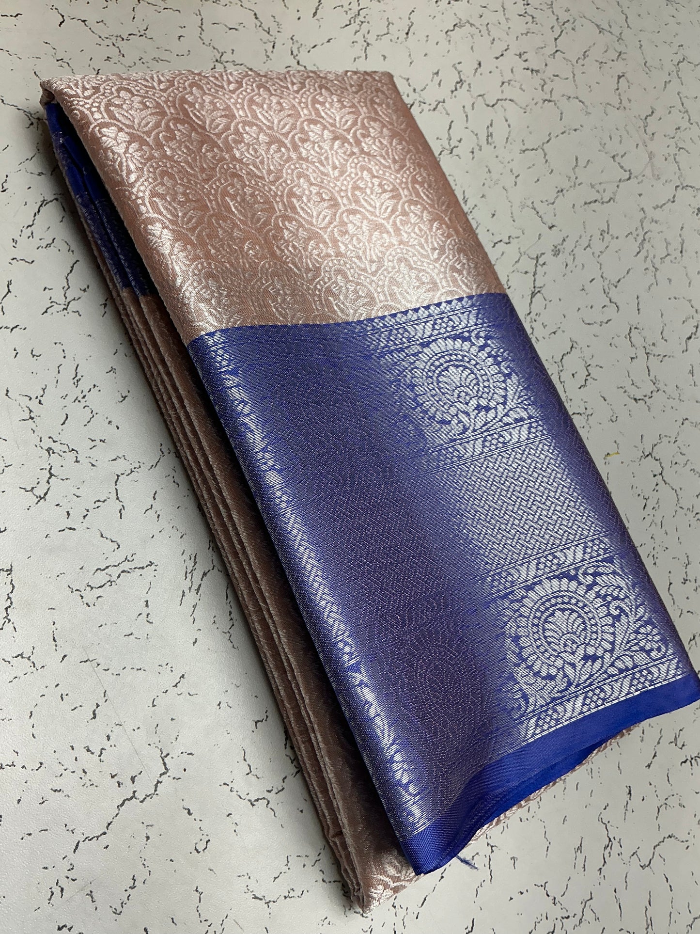Silver Bridal Soft Silk Saree– Pink with Navy Border and Diamond Floral Zari