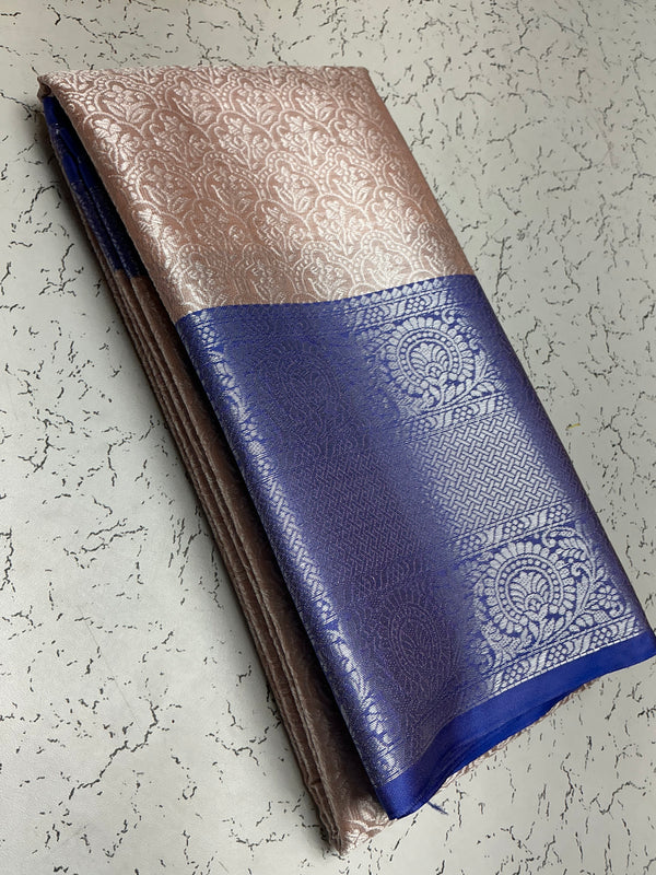 Silver Bridal Soft Silk Saree– Pink with Navy Border and Diamond Floral Zari