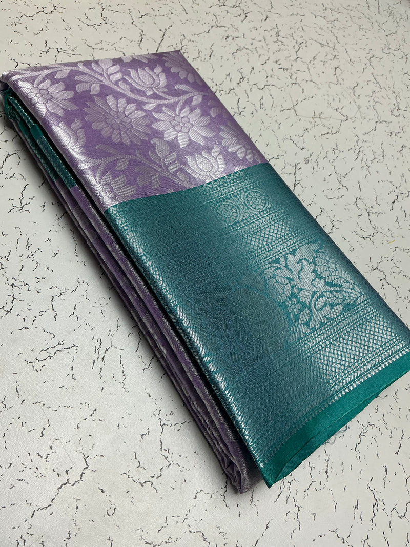 Silver Bridal Soft Silk Saree – Purple Floral Body with Bottle Green Border