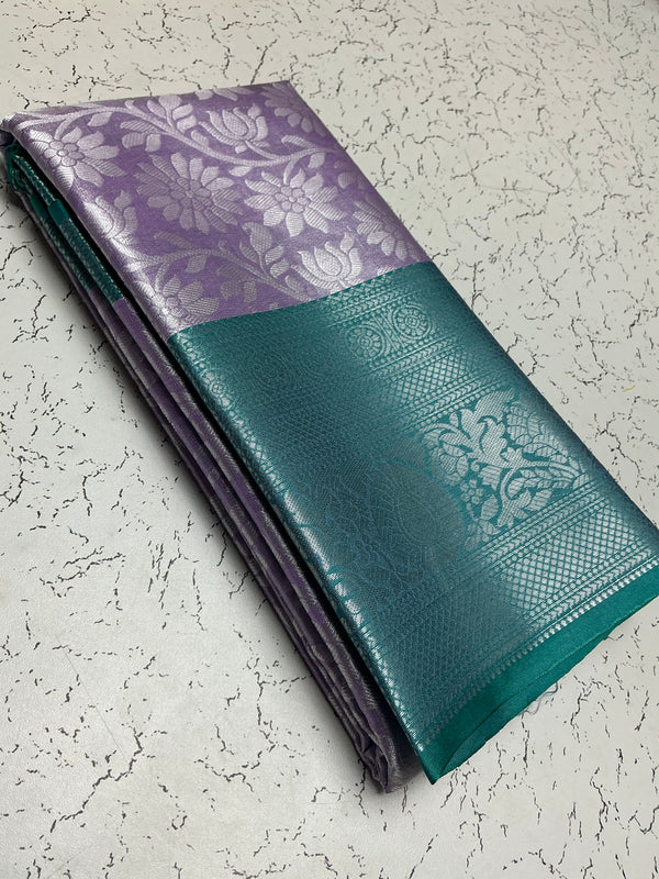 Silver Bridal Soft Silk Saree – Purple Floral Body with Bottle Green Border