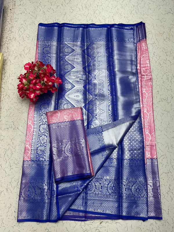 Silver Bridal Soft Silk Saree– Royal Blue Body with Pink Border & Diamond Butta Zari