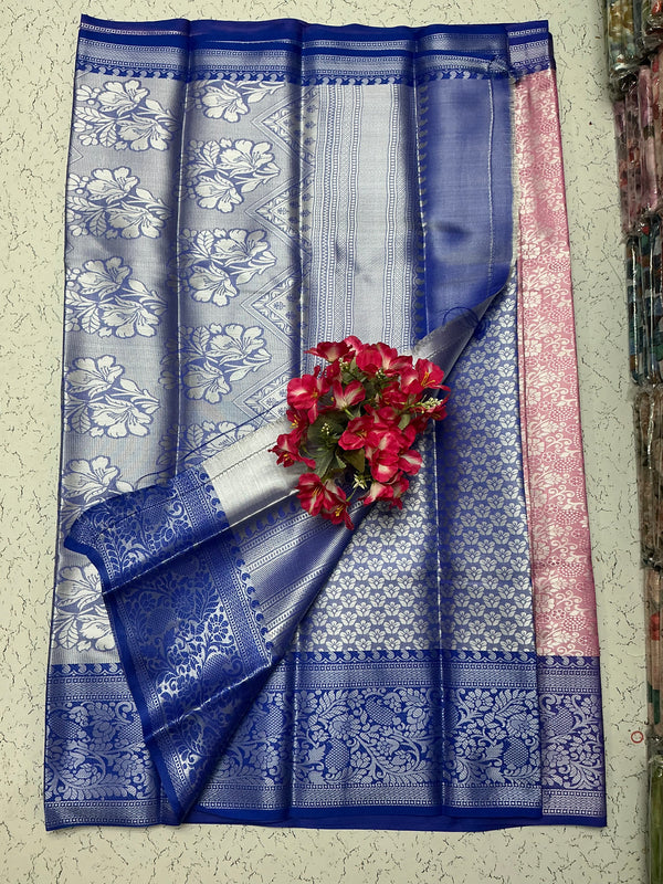 Silver Bridal Soft Silk Saree– Royal Blue with Pink Pallu and Floral Zari Work