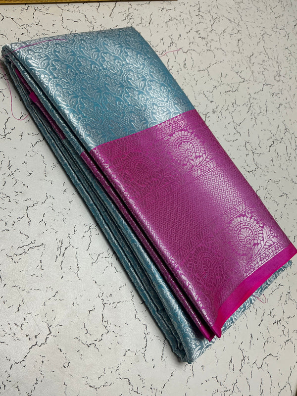 Silver Bridal Soft Silk Saree – Silver Blue Body with Wine Pink Border & Floral Jari